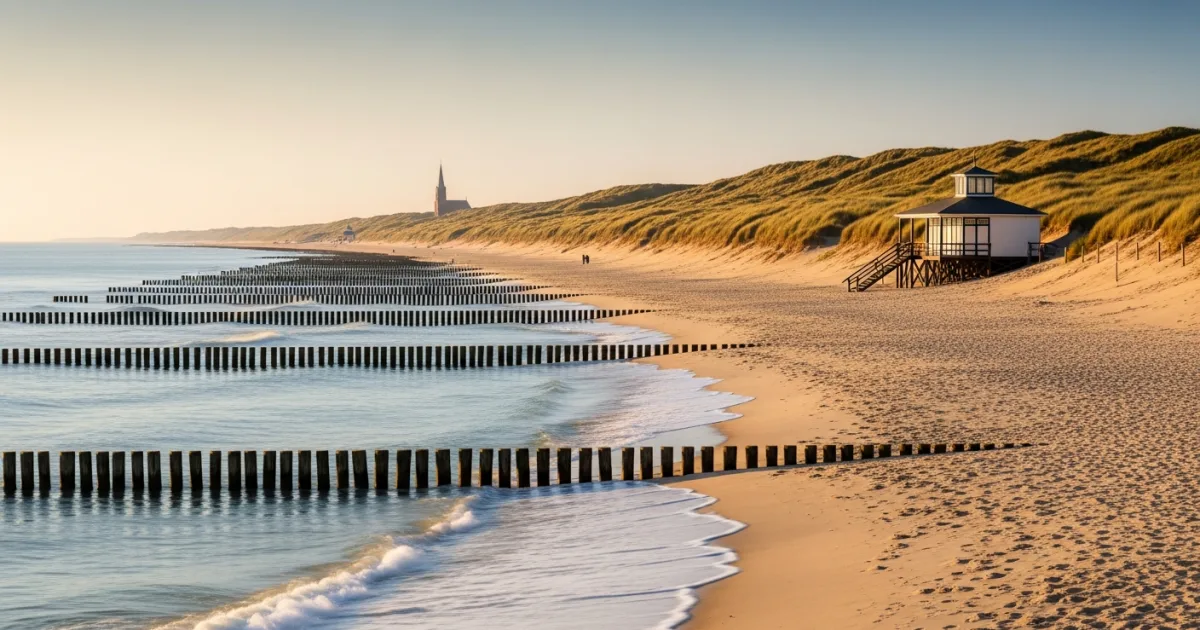 Wide view of Domburg beach with wooden wave breakers and sand dunes at sunset