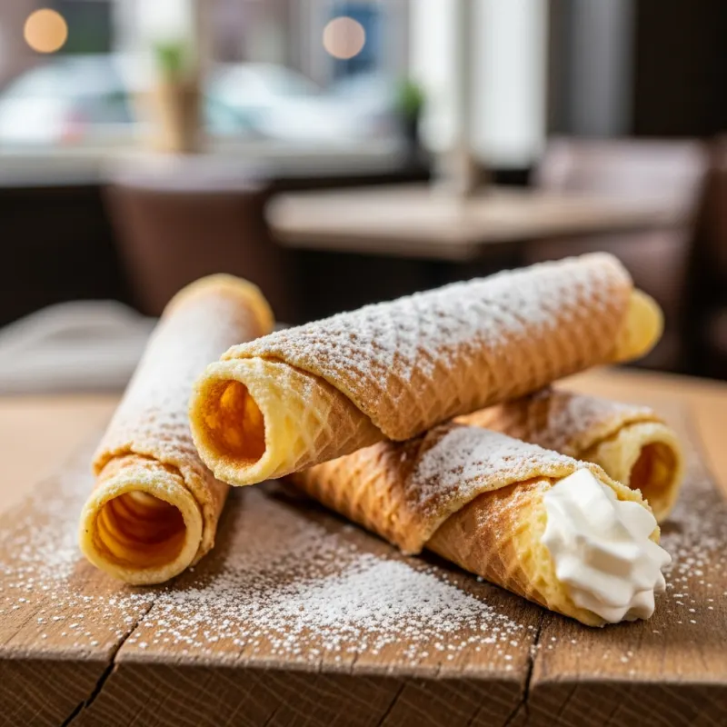 Drentse Kniepertjes rolled sweet waffles with powdered sugar and whipped cream