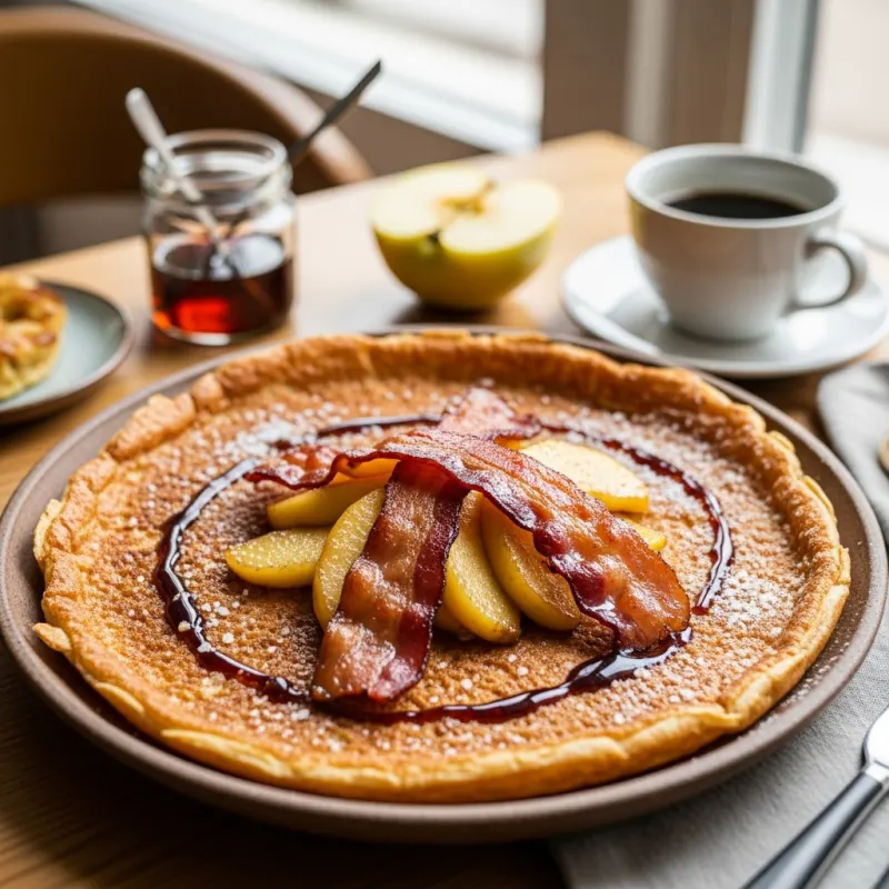 A large traditional Dutch pancake topped with apples, bacon, and syrup on a ceramic plate