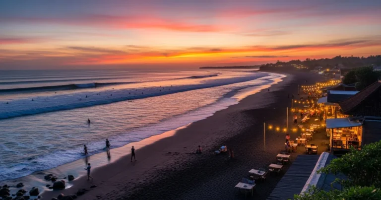 Echo Beach 1 A stunning sunset over the dark volcanic sands and rolling waves of Echo Beach in Canggu, Bali