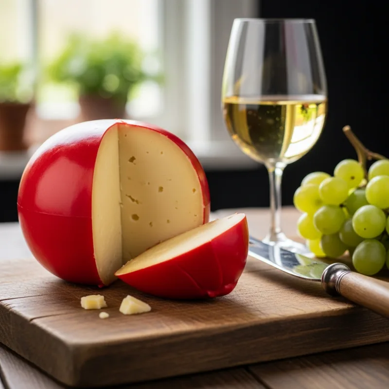 Traditional spherical Edam cheese with red wax coating on a wooden board