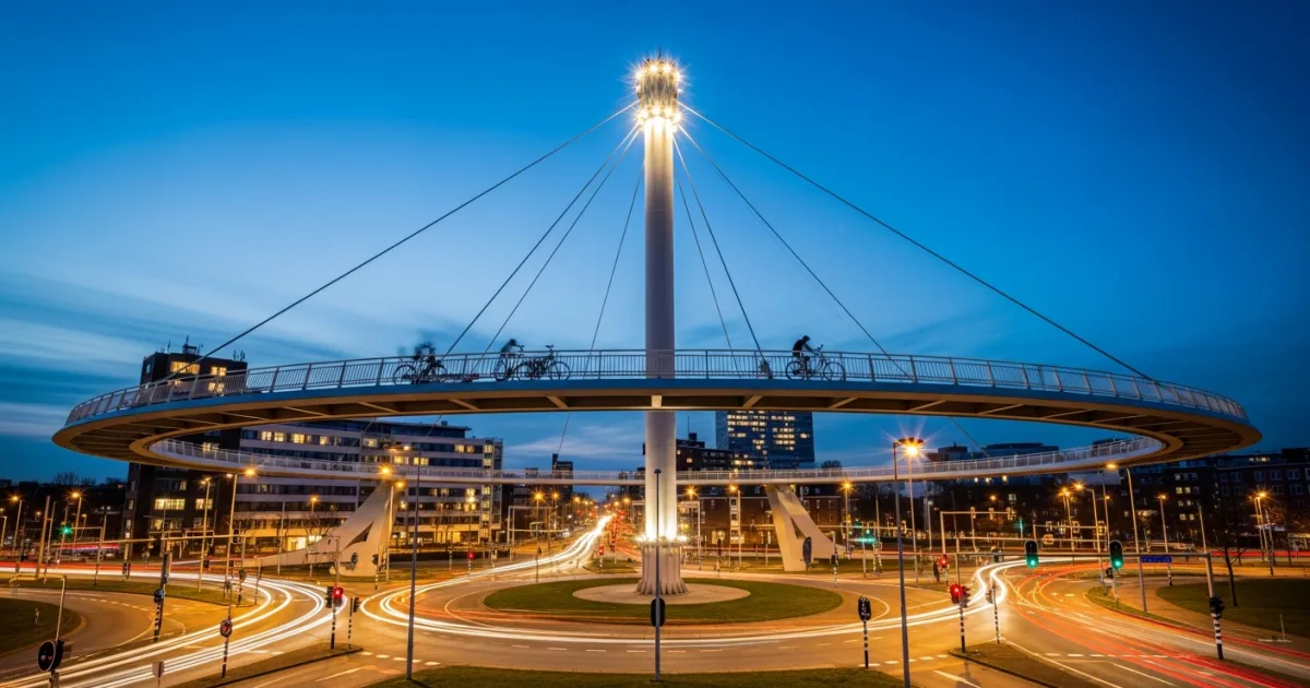 The illuminated Hovenring suspended bicycle roundabout in Eindhoven at twilight