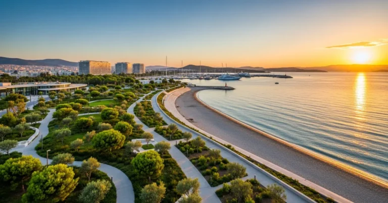 Elliniko 1 Sunset view of the modern Elliniko coastline and park on the Athenian Riviera