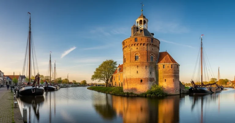 Enkhuizen 4 The historic Drommedaris tower and canal in Enkhuizen during golden hour