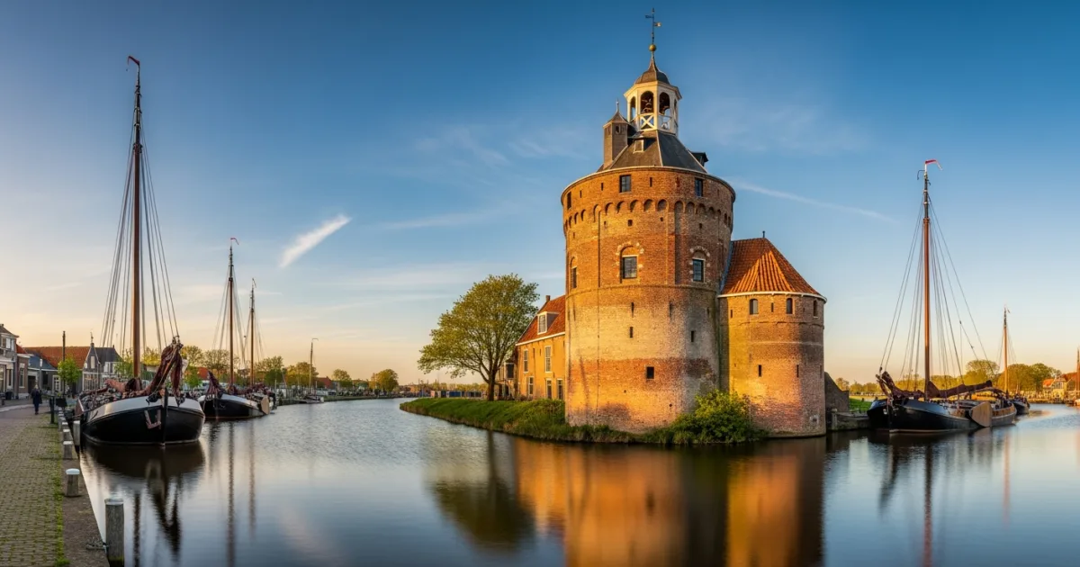 The historic Drommedaris tower and canal in Enkhuizen during golden hour