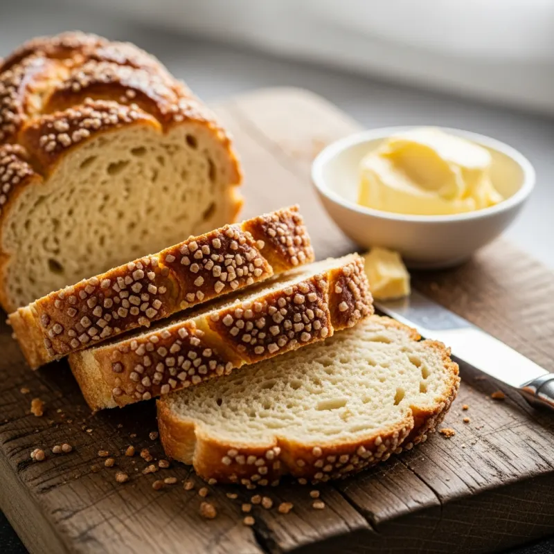 Sliced Fryske Sûkerbôle with salted butter on a wooden board