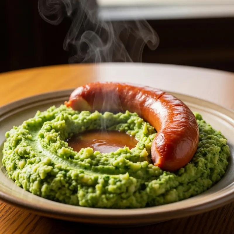 A plate of traditional Dutch Stamppot with Gelderse smoked sausage and gravy