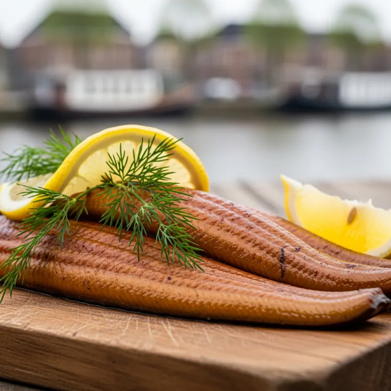 Gerookte Paling smoked eel on a wooden board