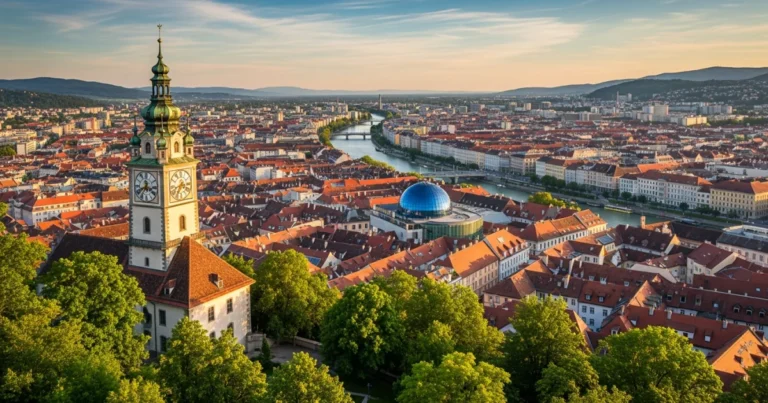 Graz 6 Panoramic view of Graz from the Schlossberg featuring the Uhrturm and Kunsthaus