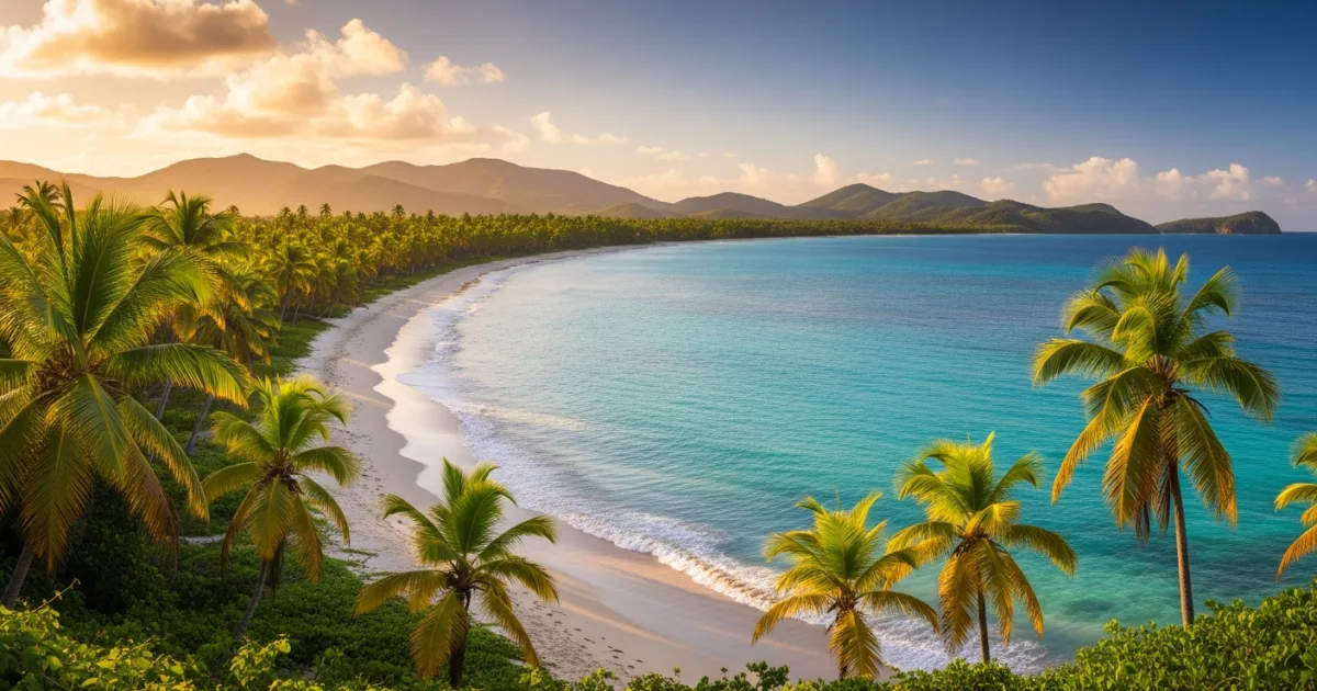 A stunning tropical beach in the Greater Antilles with turquoise water and lush mountains