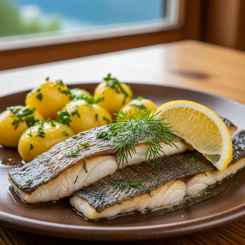 Pan-fried Hallstättersee Reinanke served with parsley potatoes and lemon