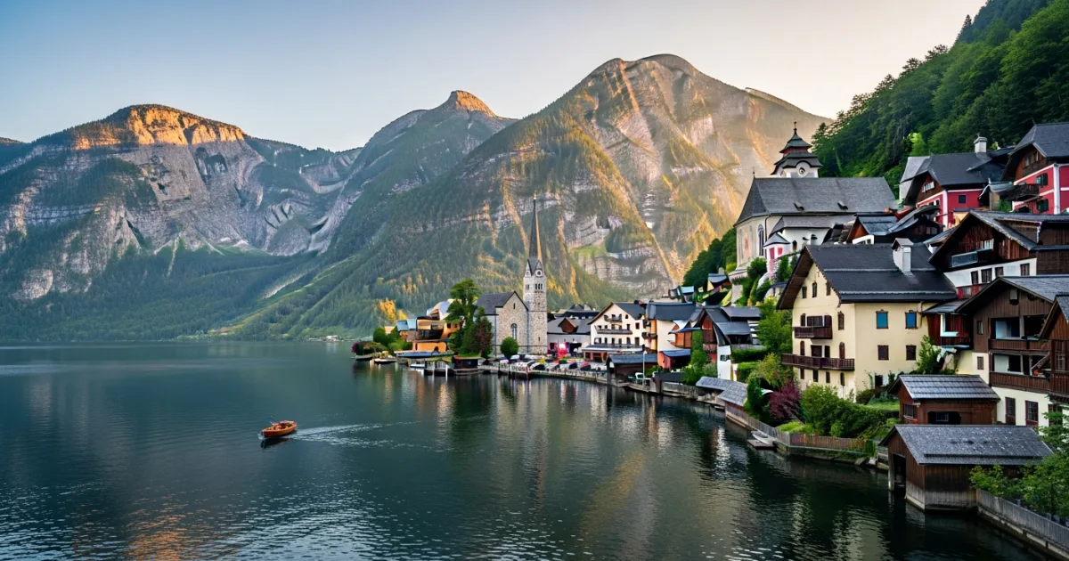 Scenic view of Hallstatt village and Lake Hallstatt at sunset