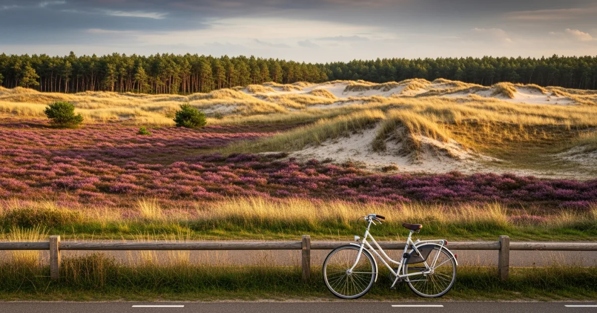 A white bicycle parked along a path overlooking purple heather and sand dunes in Hoge Veluwe National Park