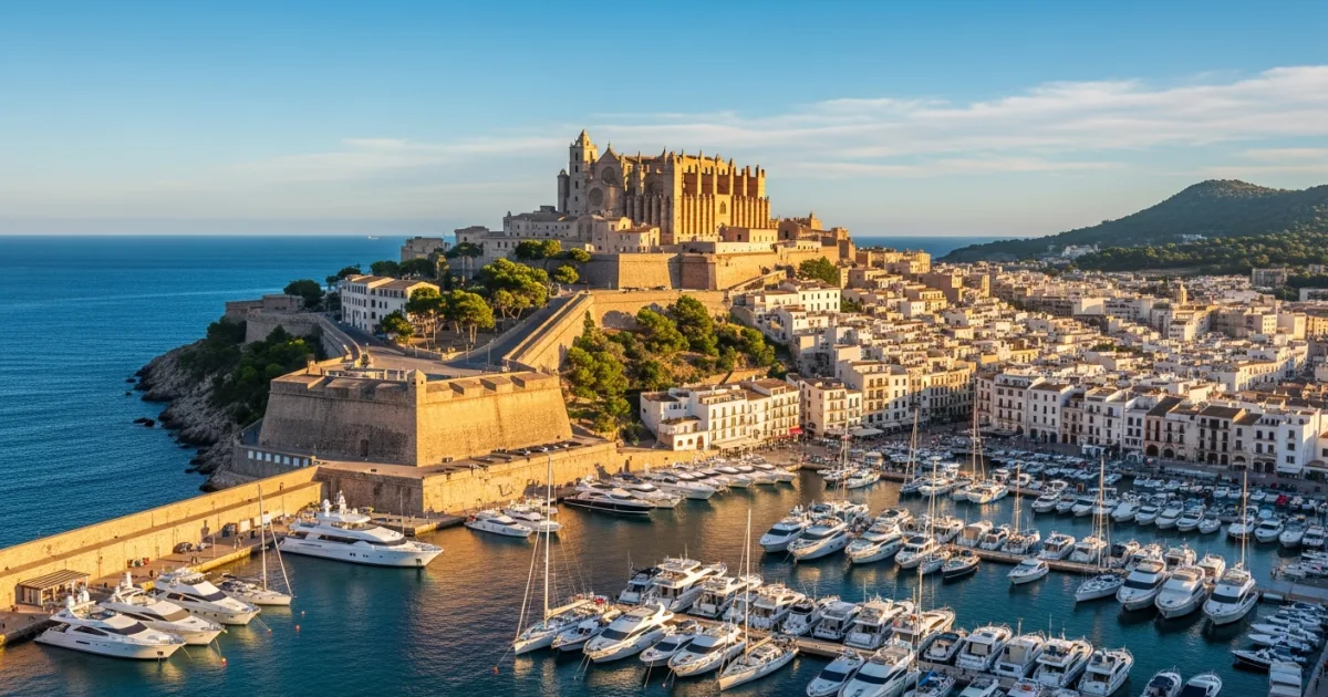Panoramic view of Dalt Vila and the marina in Ibiza at golden hour
