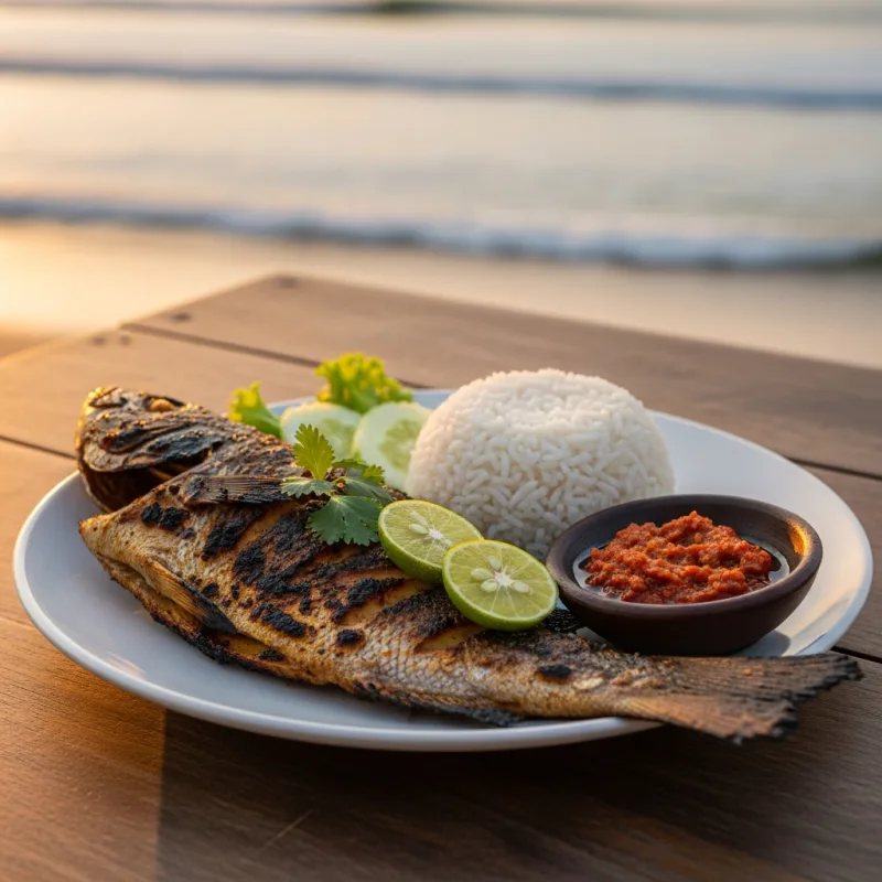 Freshly grilled Ikan Bakar served with sambal and rice at a beachfront warung