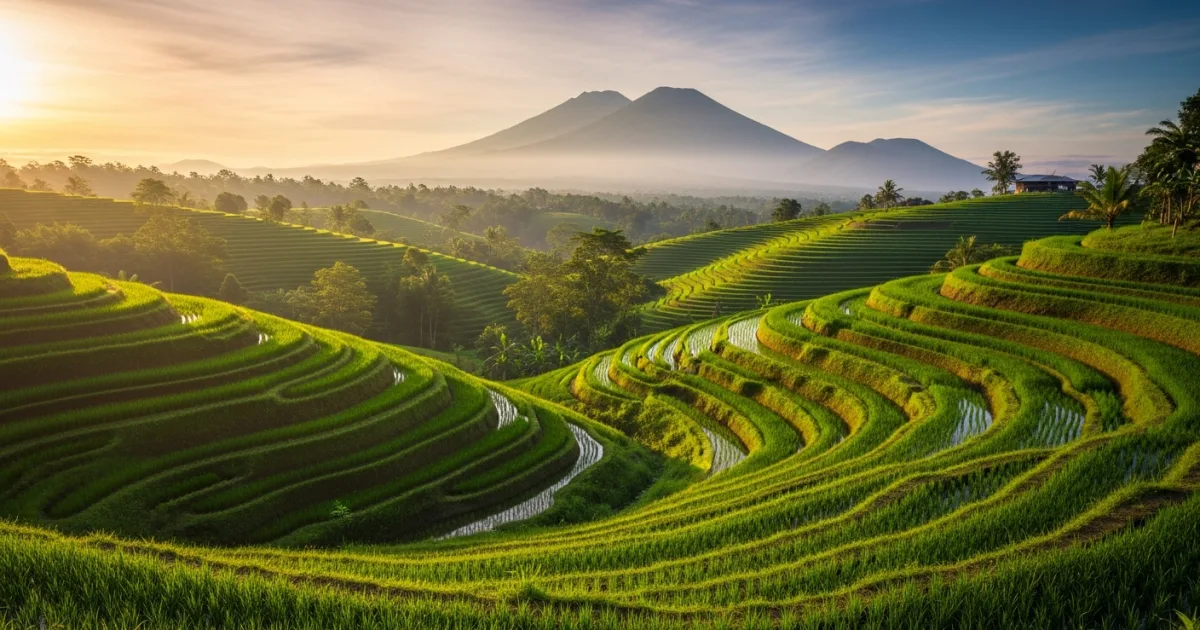 Panoramic view of the lush green Jatiluwih Rice Terraces in Bali