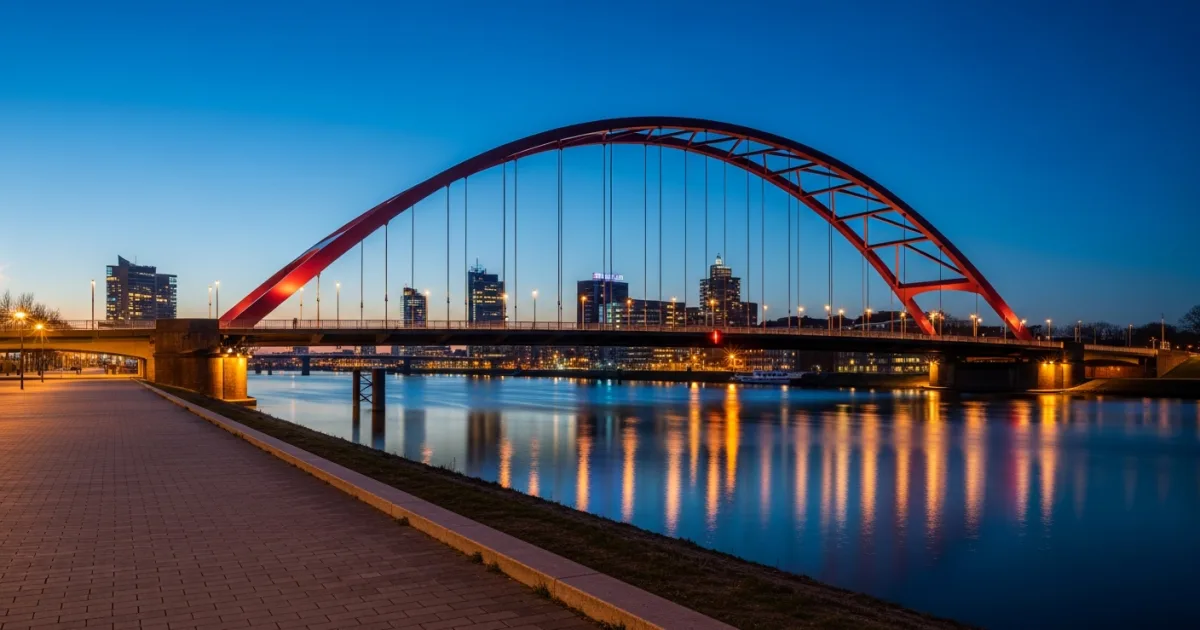 The John Frost Bridge in Arnhem illuminated in maroon-red at twilight
