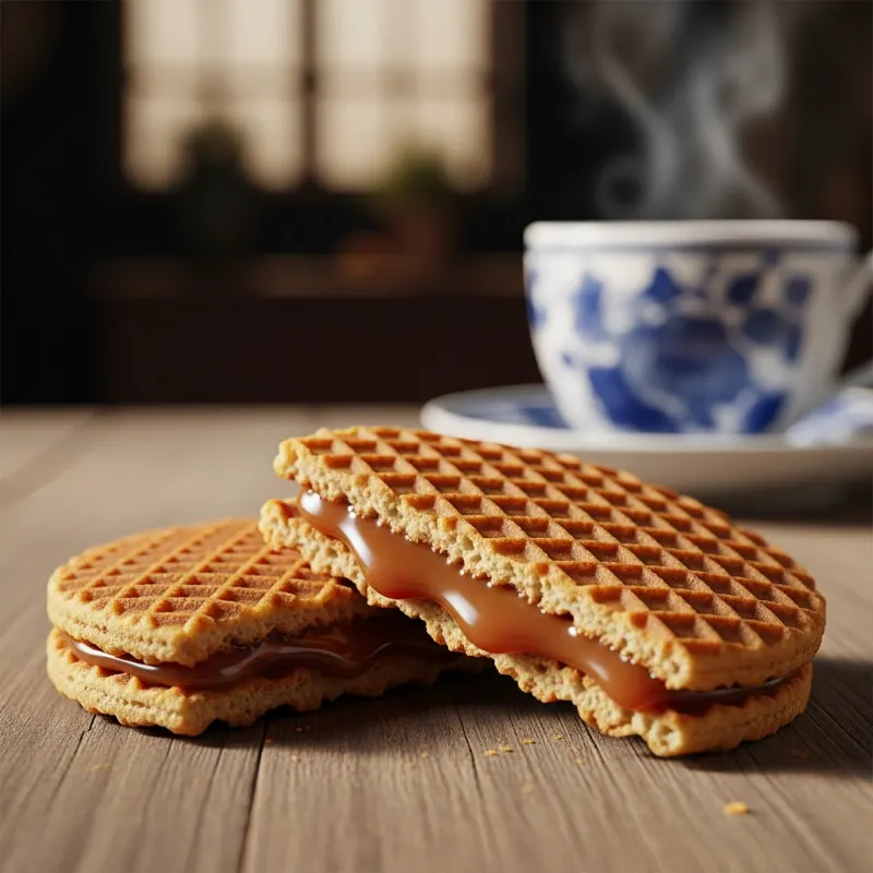 Freshly baked Kamphuisen Stroopwafel with gooey caramel filling