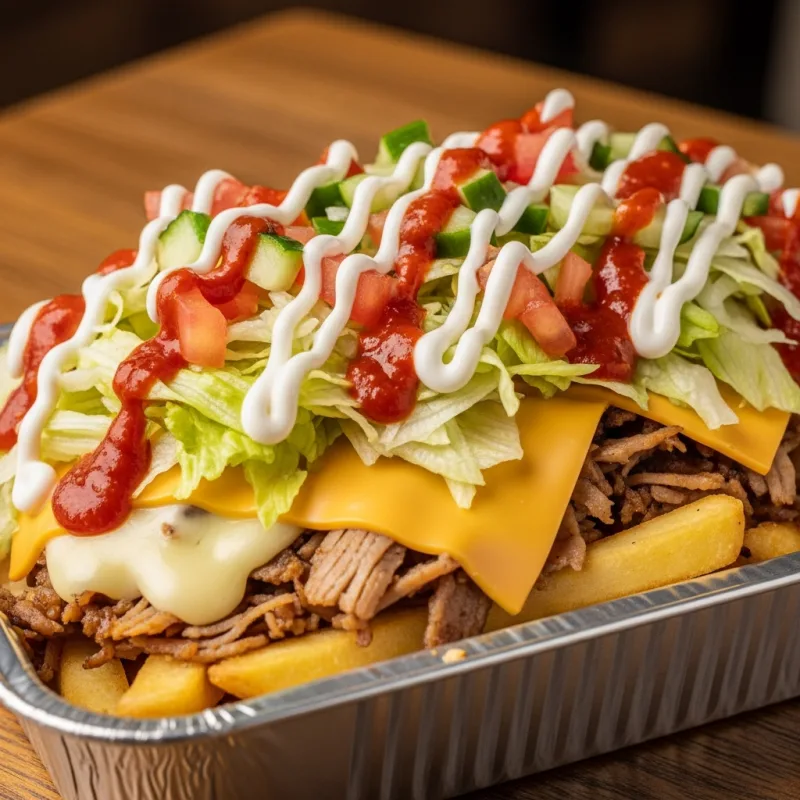 A close-up view of Kapsalon, a Rotterdam dish with fries, shawarma, melted cheese, salad, and garlic sauce in an aluminum tray.