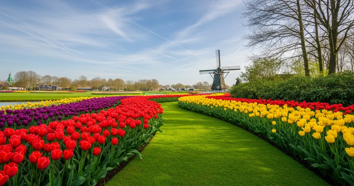 Vibrant rows of blooming tulips at Keukenhof gardens with a historic windmill in the background