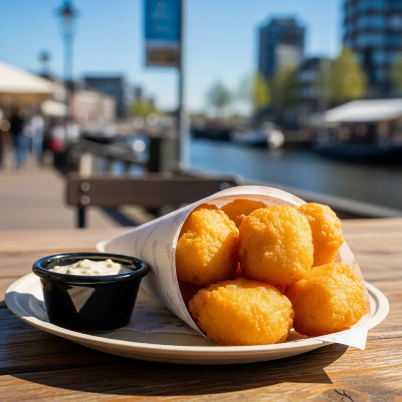 Crispy fried Kibbeling fish chunks in a paper cone with tartar sauce