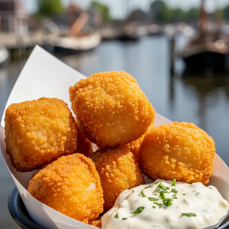 A paper cone filled with crispy fried Kibbeling fish chunks and tartar sauce