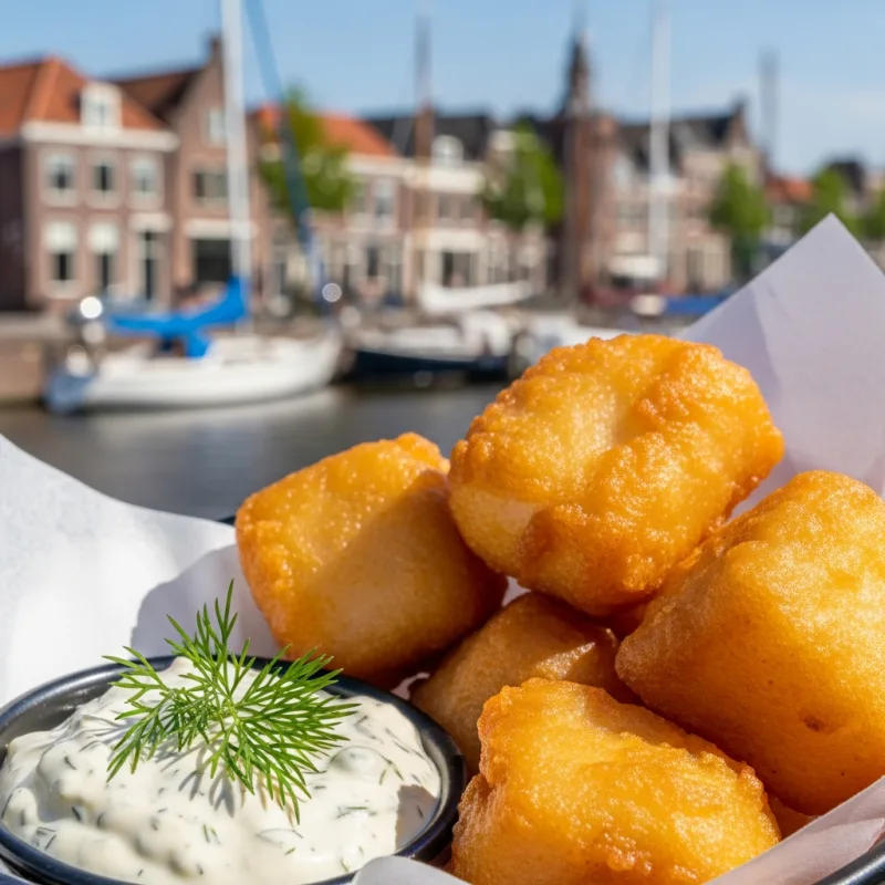 A paper cone filled with crispy fried Kibbeling fish chunks and tartar sauce