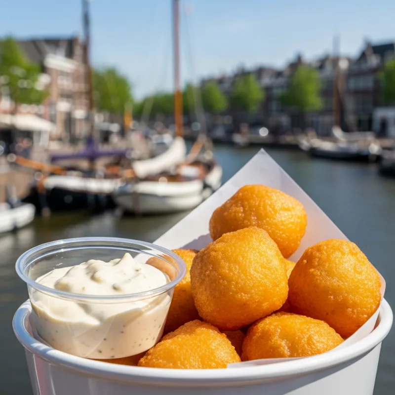 A paper cone filled with crispy fried Kibbeling fish chunks and a side of remoulade sauce
