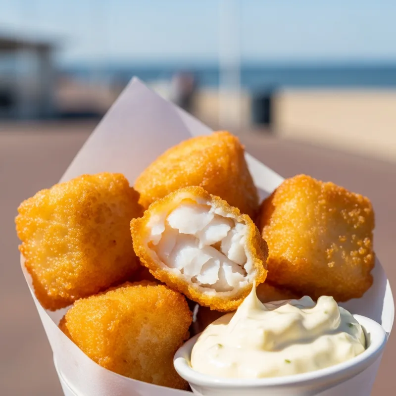 A paper cone filled with crispy, golden-fried Kibbeling fish chunks and a side of tartar sauce