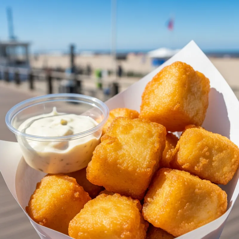 A paper cone filled with crispy fried Kibbeling fish chunks and tartar sauce