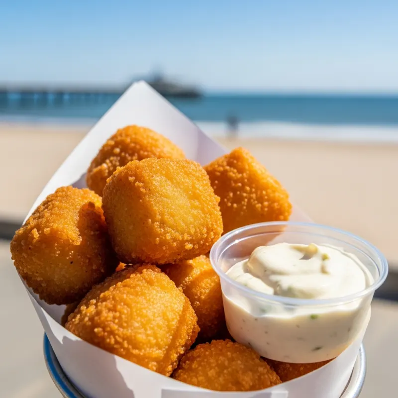 A paper cone filled with crispy, golden-brown Kibbeling fish chunks and a side of garlic sauce