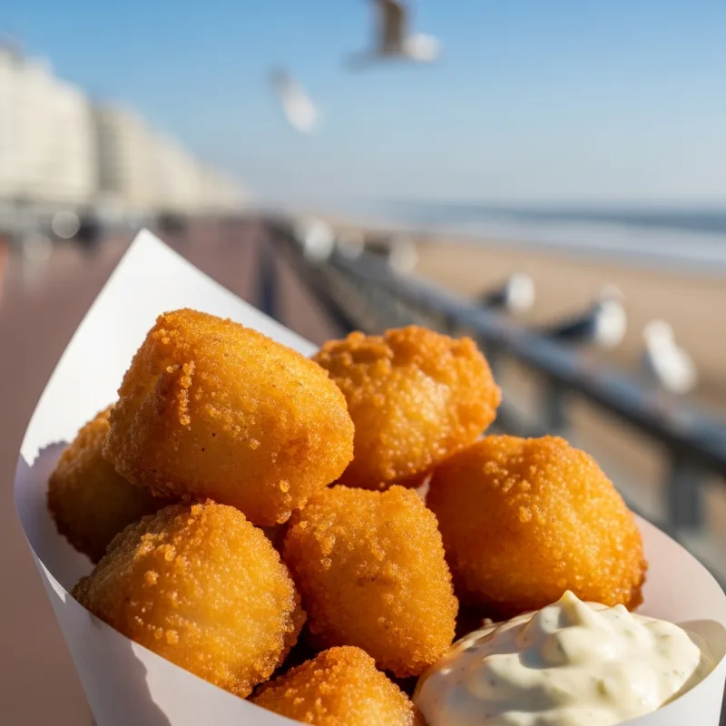 Crispy Kibbeling served in a paper cone with tartar sauce on the Scheveningen promenade