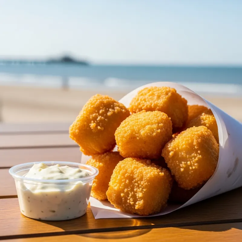 A paper cone filled with crispy fried Kibbeling fish chunks and tartar sauce at Scheveningen Beach