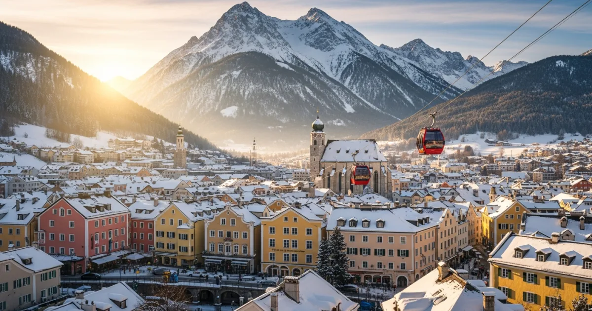 Panoramic winter view of Kitzbühel town center and the Wilder Kaiser mountains