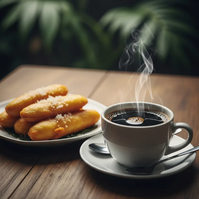 A cup of Kopi Luwak coffee next to a plate of Indonesian fried bananas