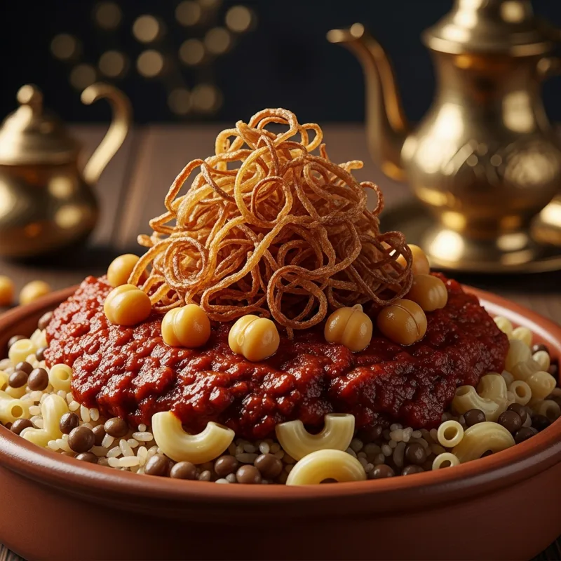 A bowl of traditional Egyptian Koshary topped with crispy onions and tomato sauce