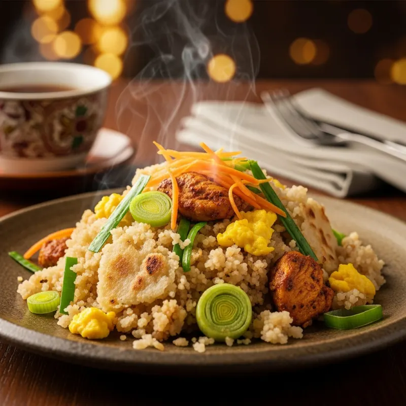 A plate of hot, freshly prepared Sri Lankan Kottu Roti with vegetables and chicken.