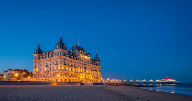 Kurhaus 1 The illuminated Grand Hotel Amrâth Kurhaus at twilight on Scheveningen beach