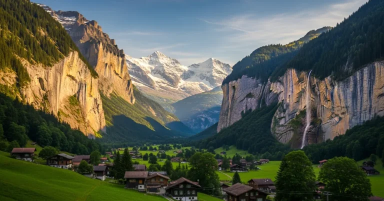 Lauterbrunnen Valley 4 Scenic view of Lauterbrunnen Valley with Staubbach Waterfall and Swiss chalets