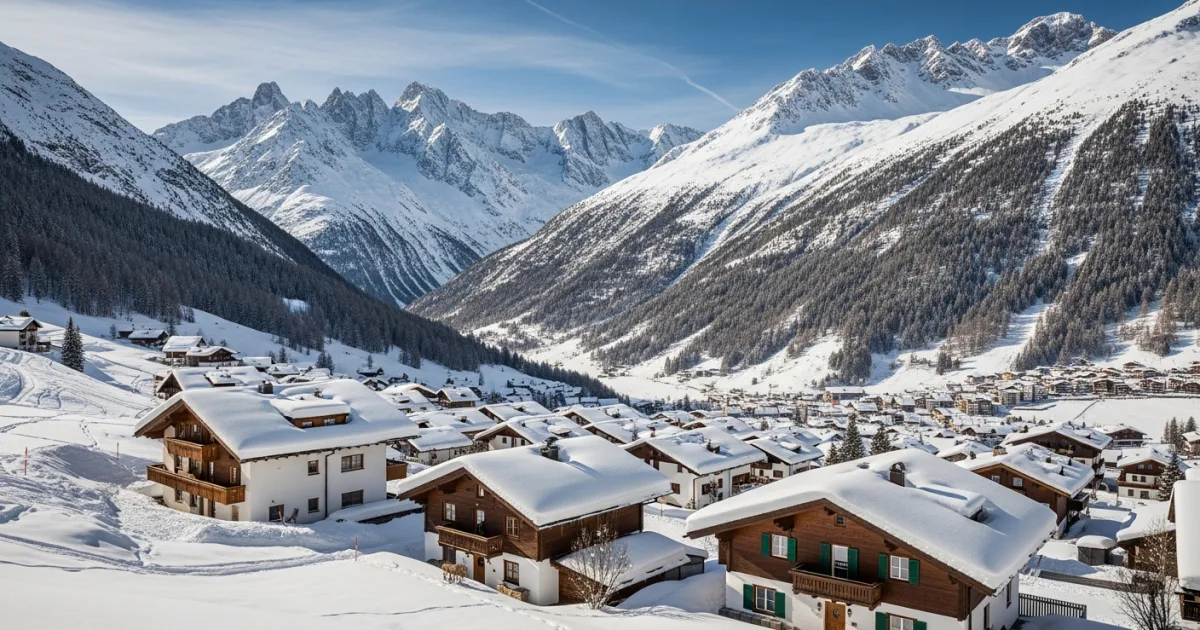 Snow-covered alpine village of Lech am Arlberg surrounded by mountains