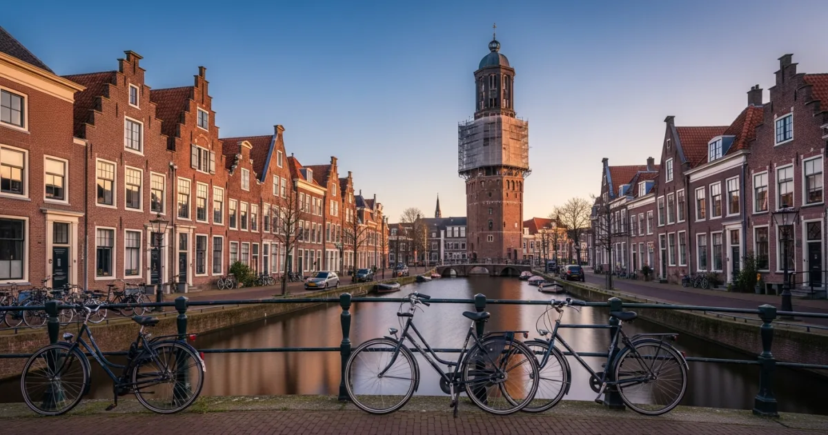 Historic canal and the leaning Oldehove tower in Leeuwarden, Netherlands