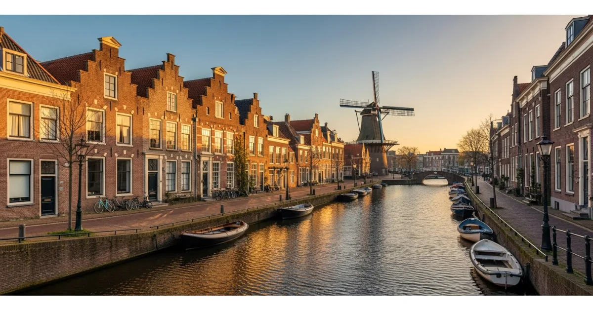 Leiden 2 Historic 17th-century houses and a windmill along the Galgewater canal in Leiden
