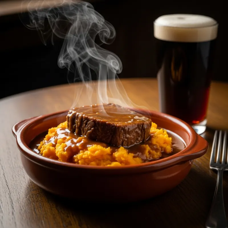 A bowl of traditional Leidsche Hutspot with braised beef