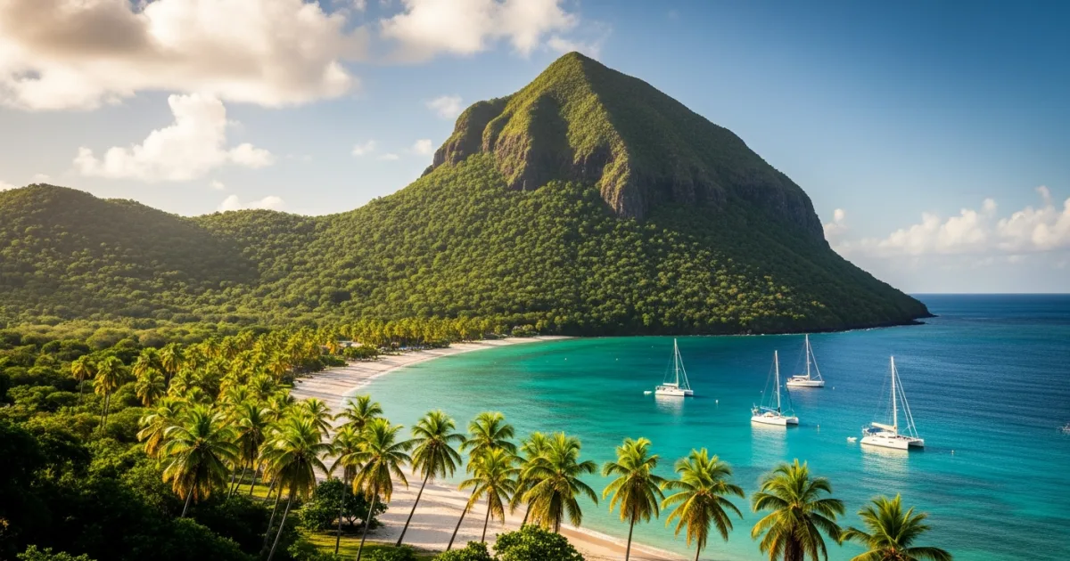 Lush volcanic mountains and a pristine white-sand beach in the Lesser Antilles