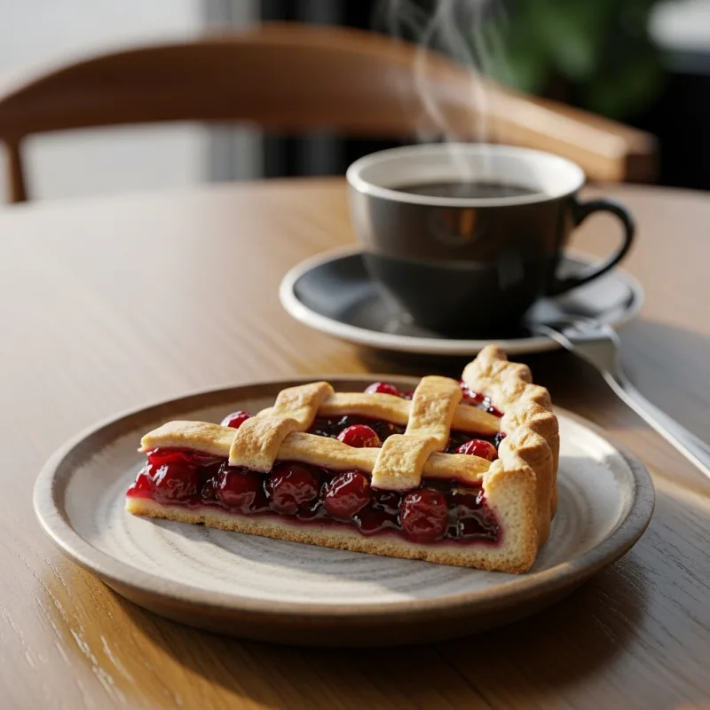 A slice of traditional Limburgse Vlaai cherry pie on a plate