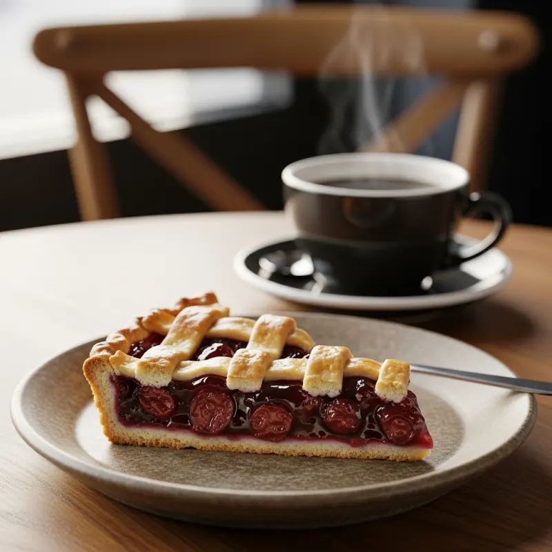 A slice of traditional Limburgse Vlaai cherry pie with a lattice crust