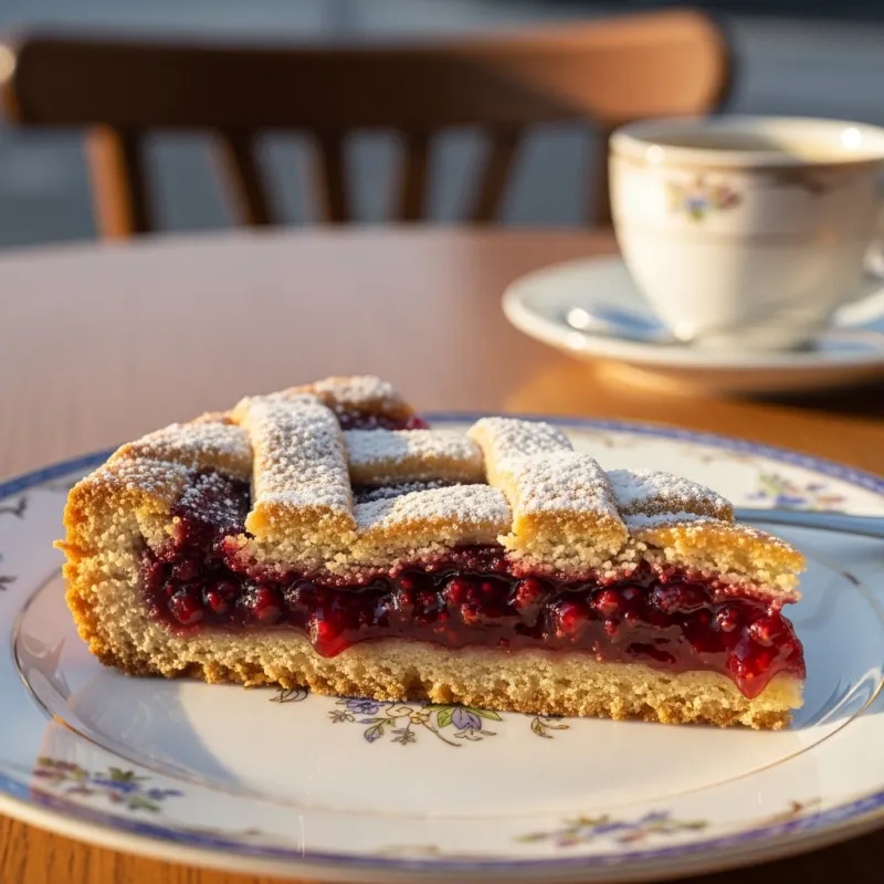 A slice of traditional Linzer Torte with redcurrant jam and lattice crust