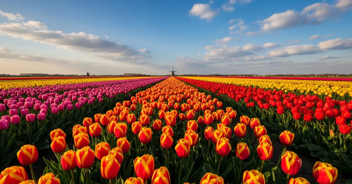 Vibrant rows of blooming tulips stretching towards a traditional Dutch windmill in Lisse