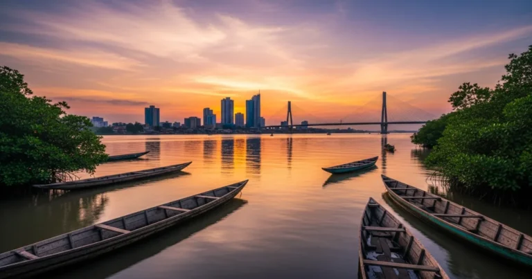 Littoral Region, Cameroon 1 Traditional canoes on the Wouri River with the Douala skyline in the background at sunset.