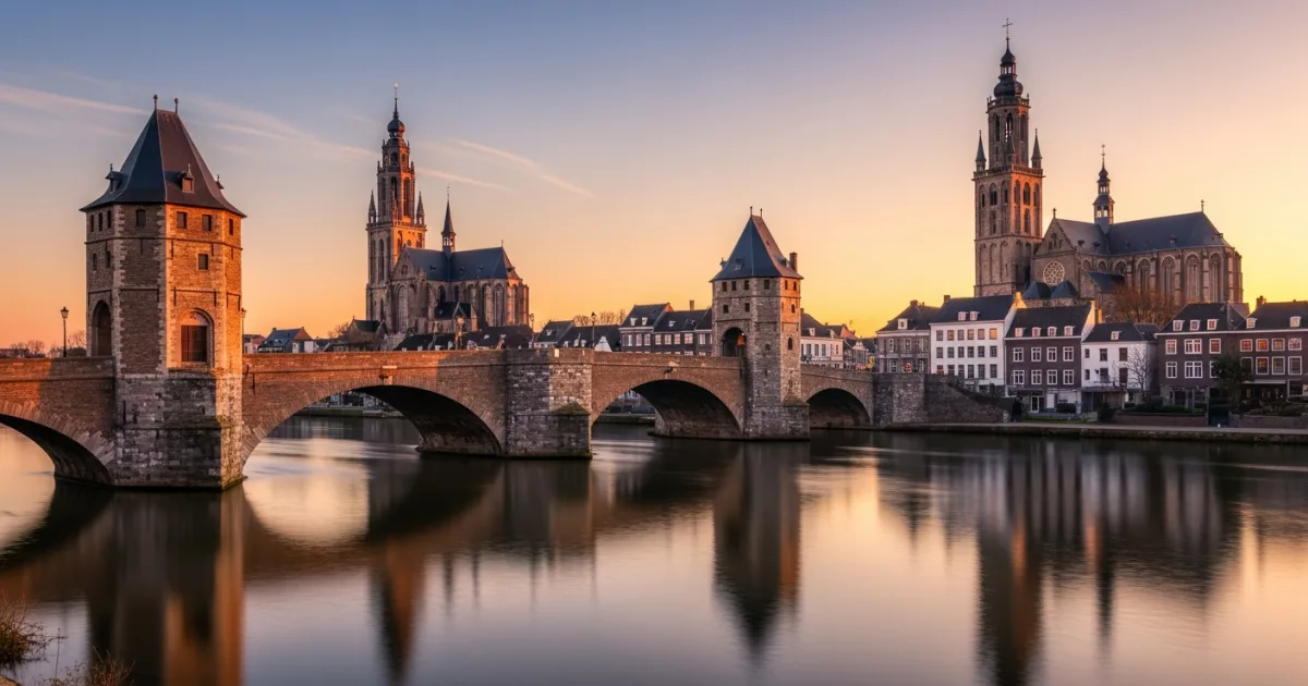 Panoramic view of Maastricht skyline and the Sint Servaasbrug over the Meuse River at sunset